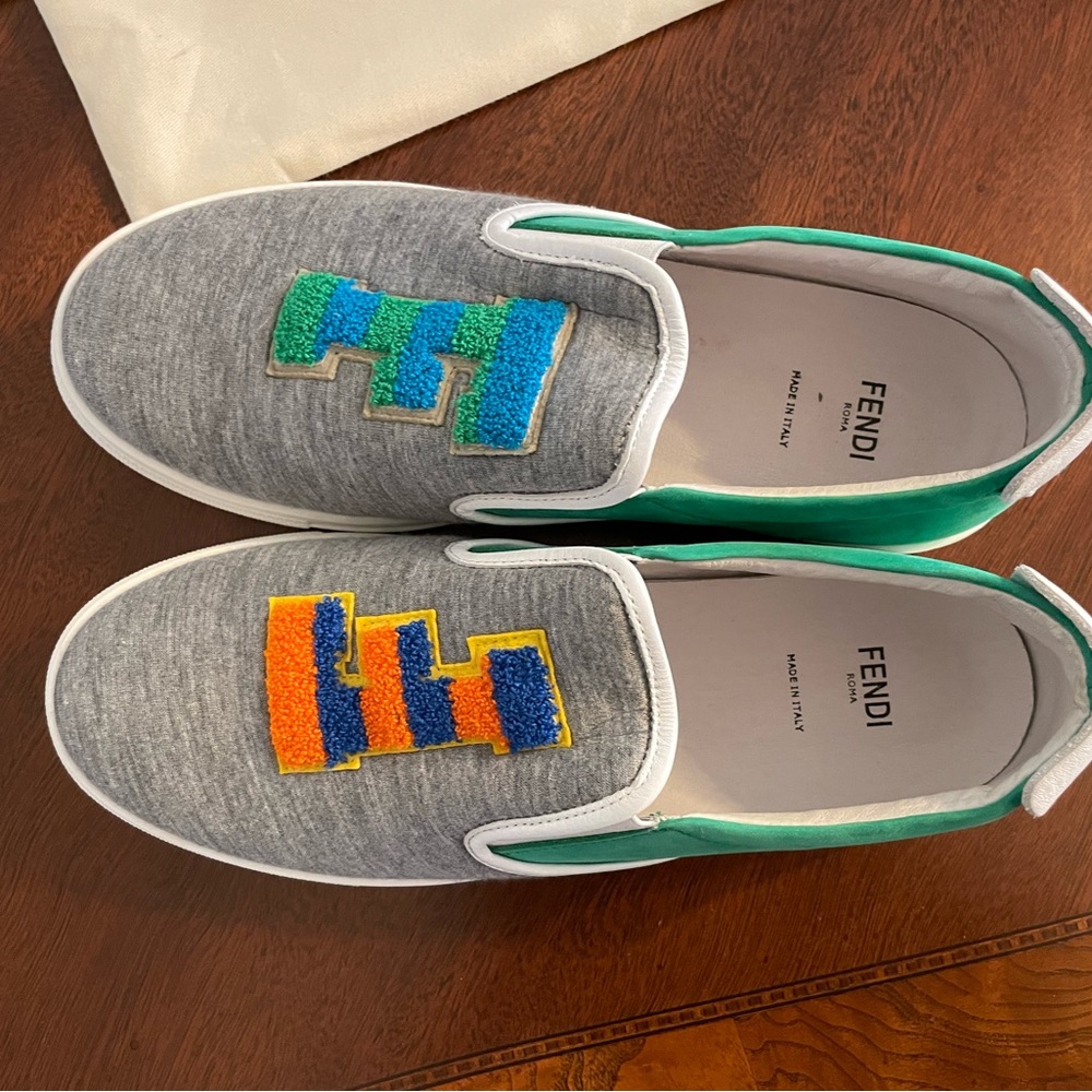 Fendi Gray Slip-On Sneakers with Colorful Logo